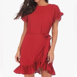 Weepinlee Women’s short Sleeve Ruffle Wrap Dress. Red. Size XL. EUC